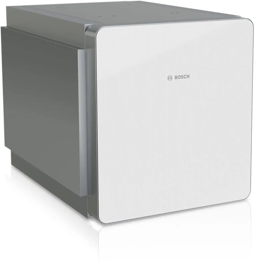 Bosch Warmwasserspeicher mit emailliertem Stahlbehälter, kompakte Bauweise, weiße Frontblende, rechtsseitige Anschlüsse, für Warmwasserversorgung geeignet.